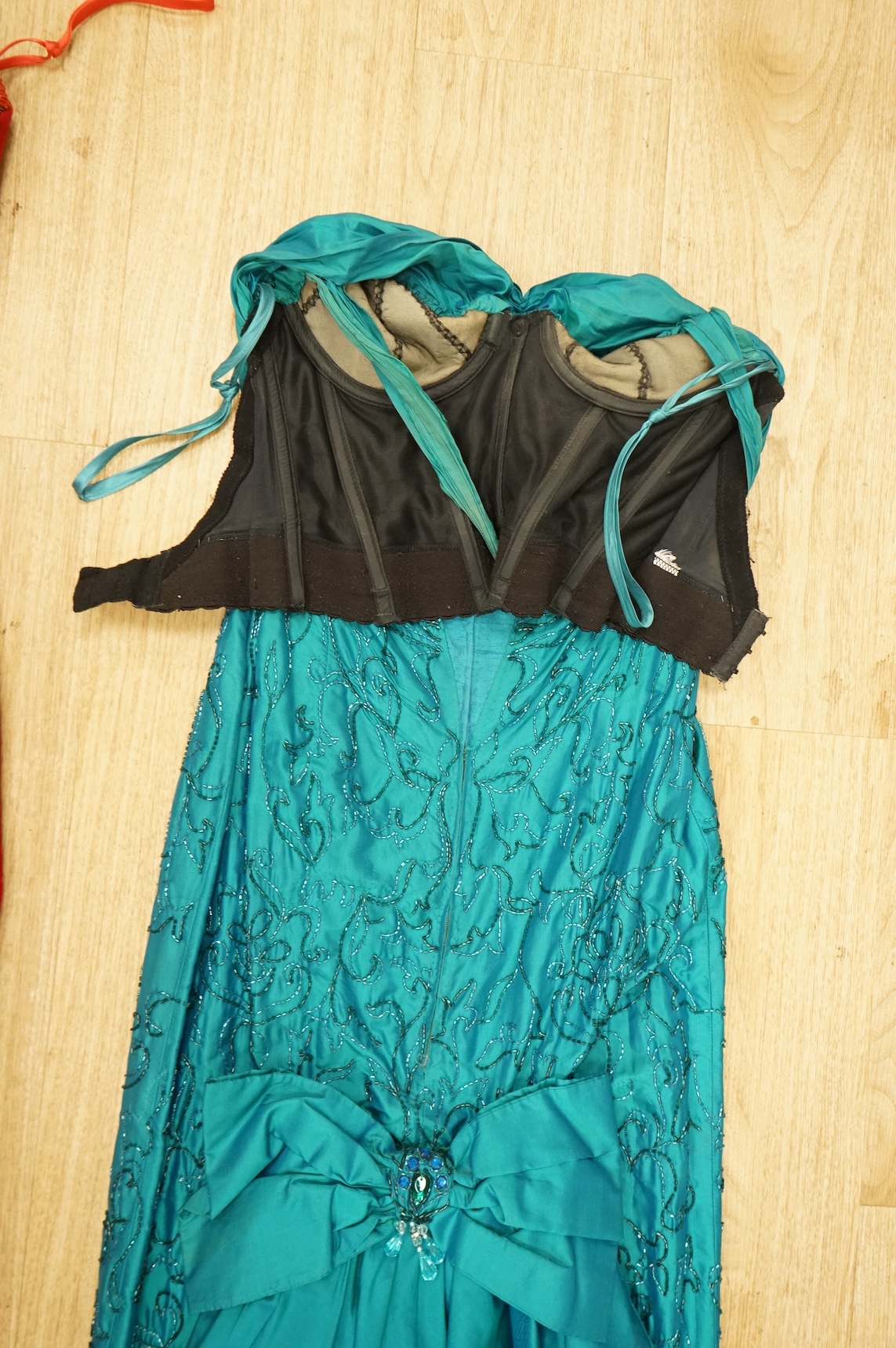 A 1960's/70's evening dress and jacket, with a red velvet dress